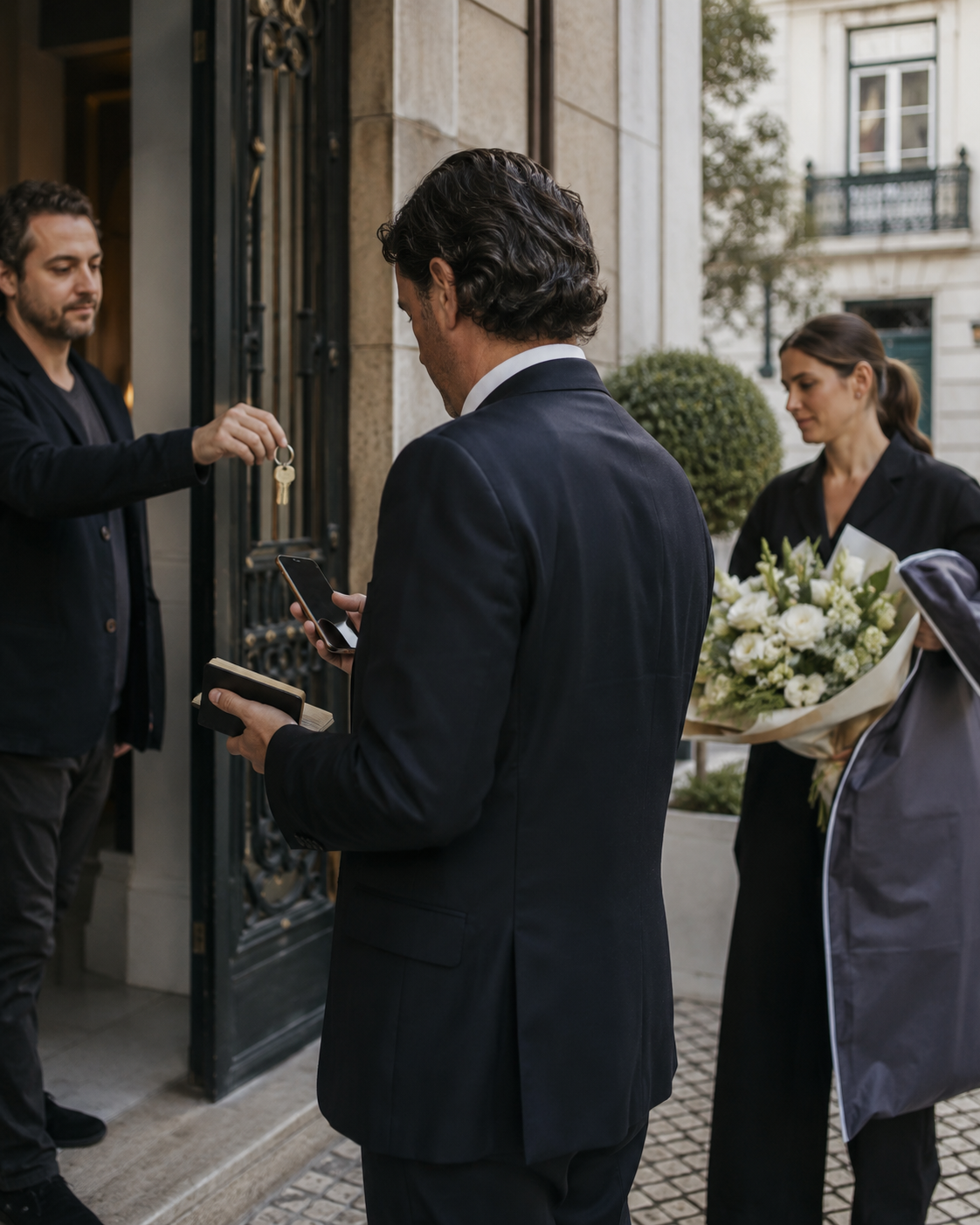 Entrega de chaves e flores à porta de um edifício clássico em Lisboa