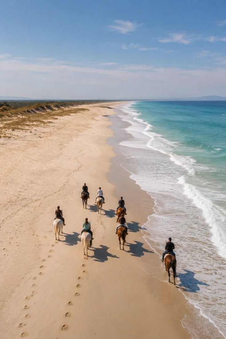 Passeio a cavalo numa praia de areia branca de águas turquesa