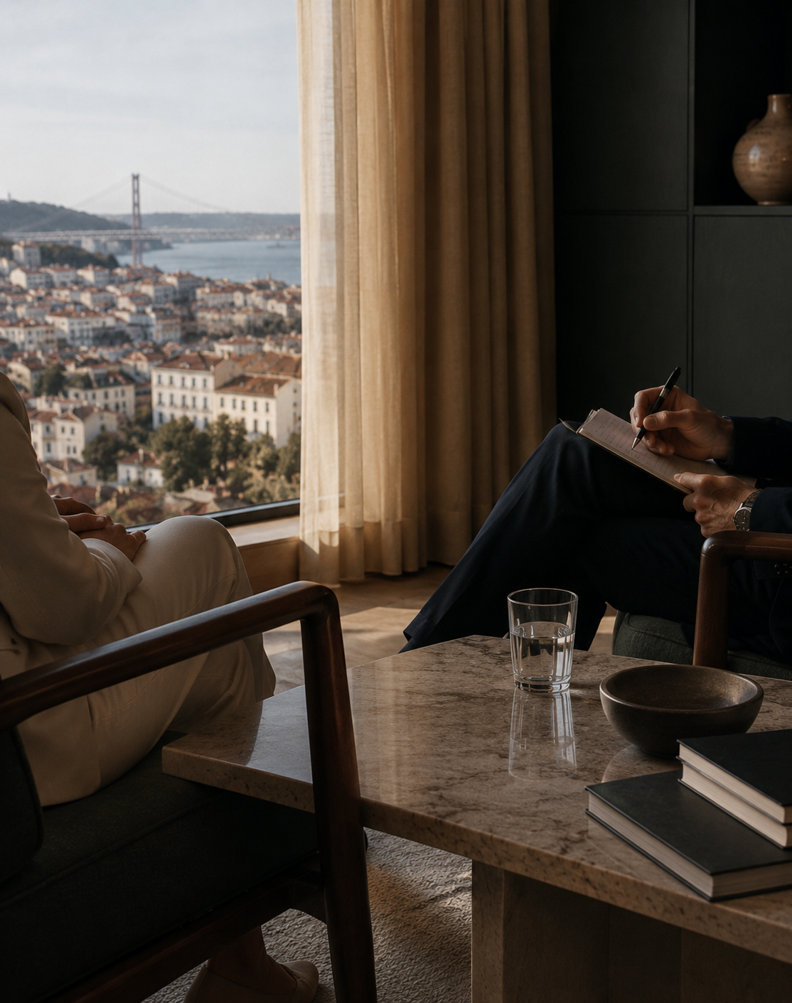 Reunião discreta num espaço elegante com vista sobre Lisboa e a ponte