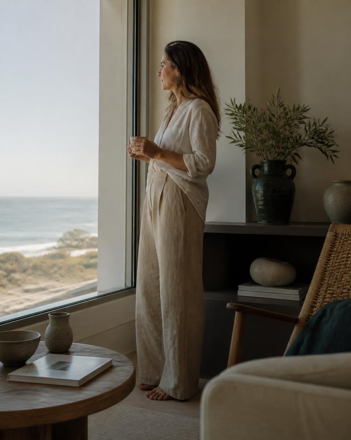 Mulher elegante junto à janela de um apartamento em Cascais, café na mão, vista para o Atlântico